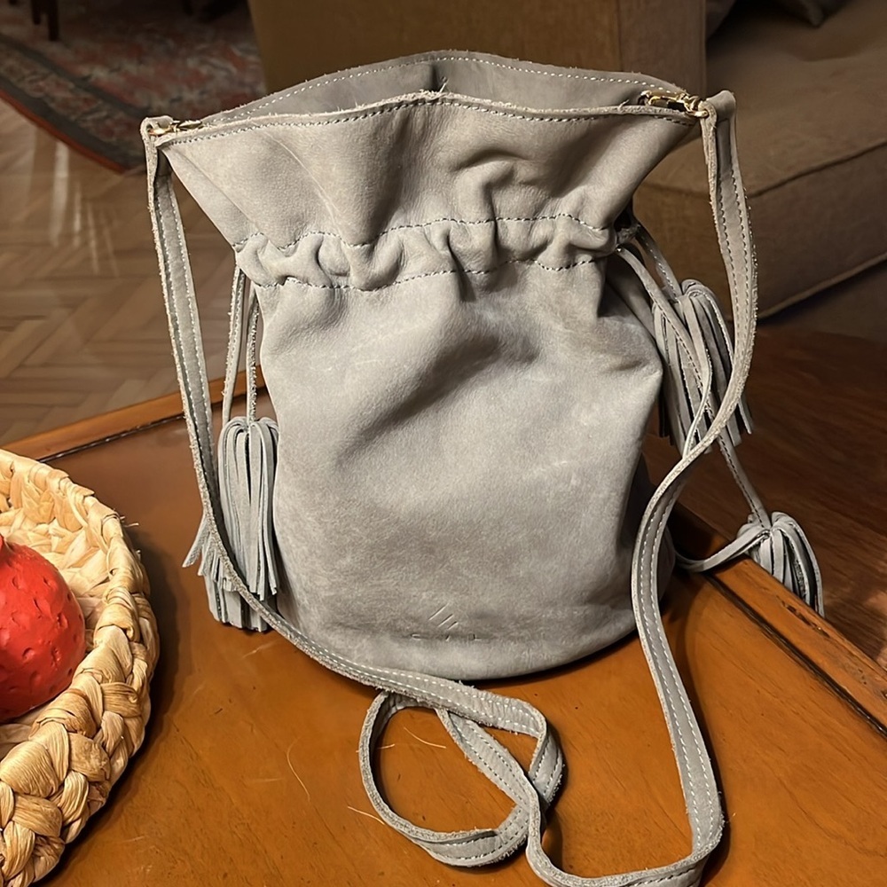 Grey nubuck suede bucket crossbody drawstring bag - Picture 9 of 16